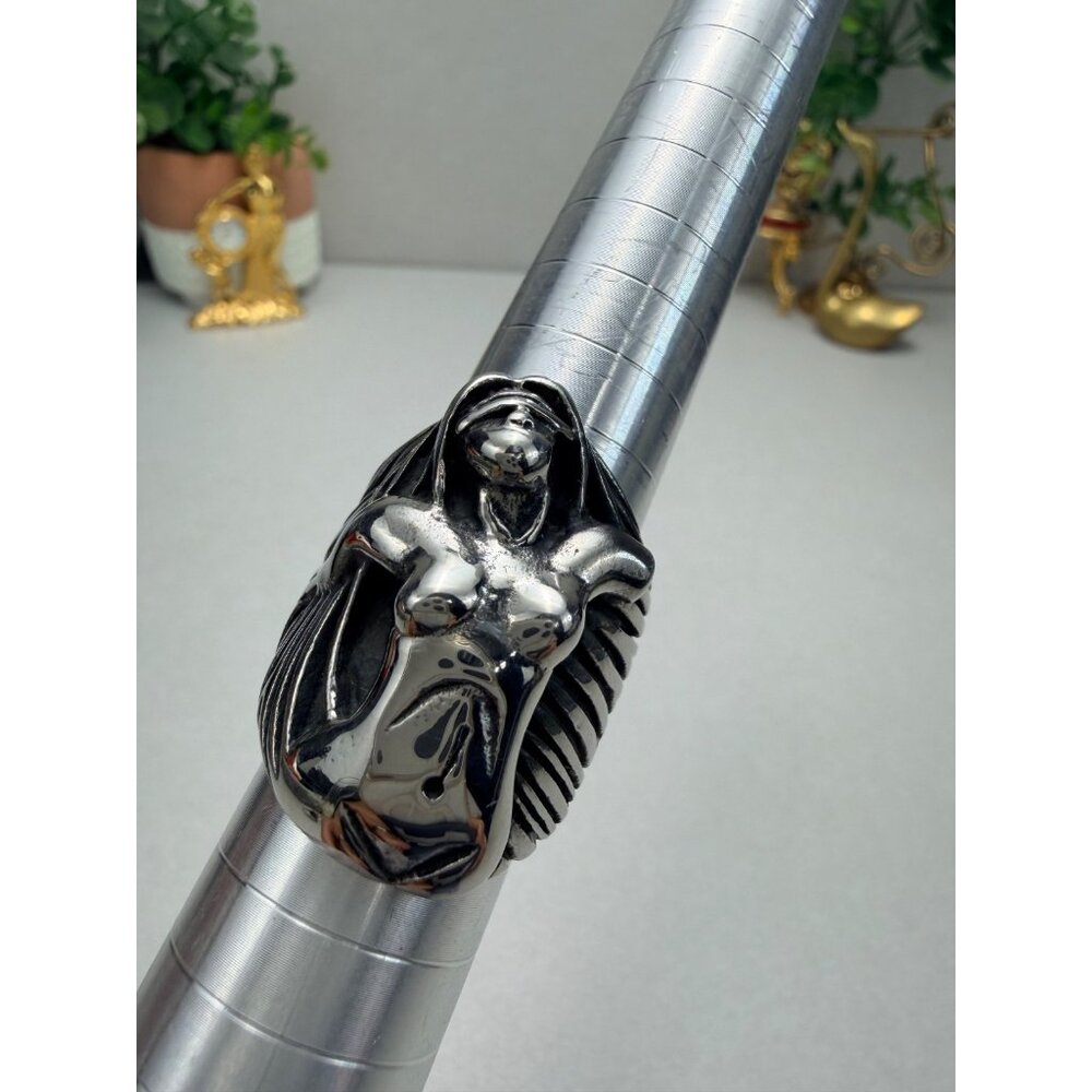 Stainless Steel Sculptural Nude Woman Art Ring Statement Biker Ring Unisex - Picture 8 of 11